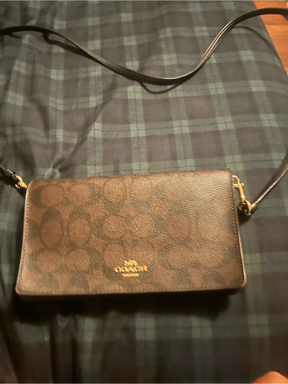 Coach Brown Signature Crossbody Wallet with Gold Hardware